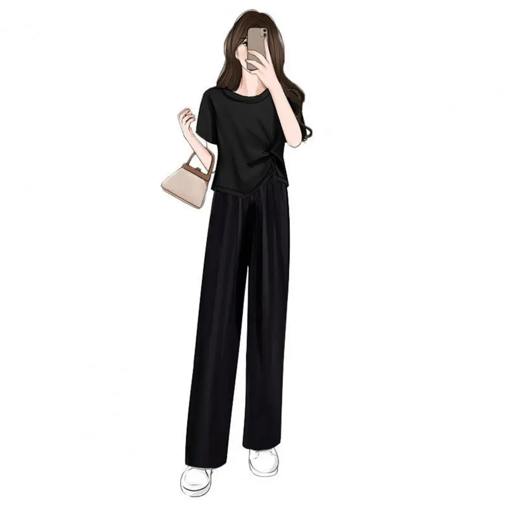 

2Pcs/Set Lady Tracksuit Pleated Women Summer Tracksuit Elastic Waist Long Pants Women T-shirt Pants Set Female Clothes