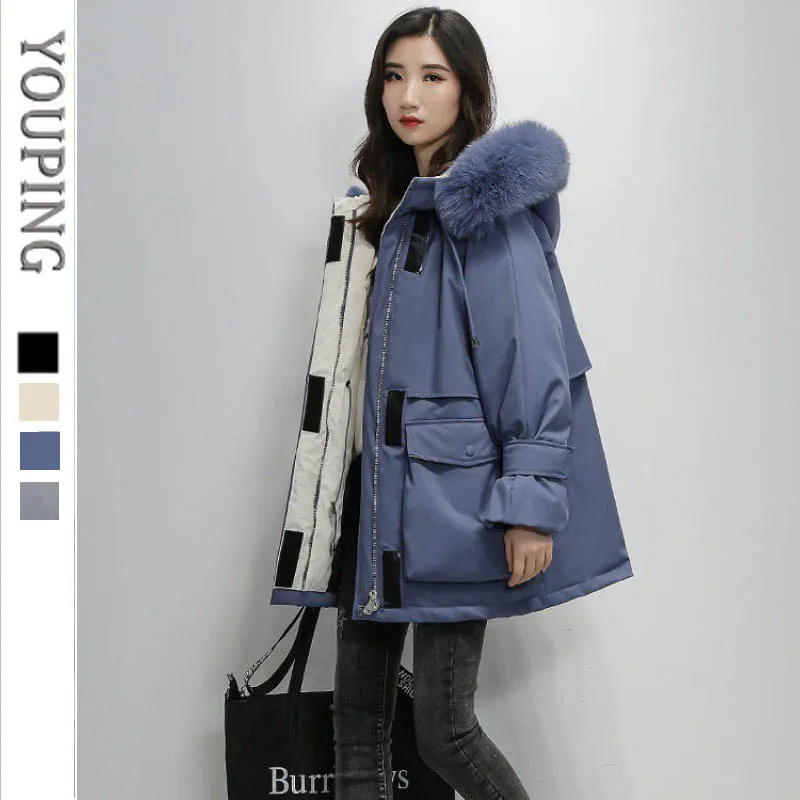 YOUPING Korean Fashion Women Parkas Down Jacket 2022 New Thicken Fur Collar Hooded Jacket Mid-length Loose Thick Cotton Clothing