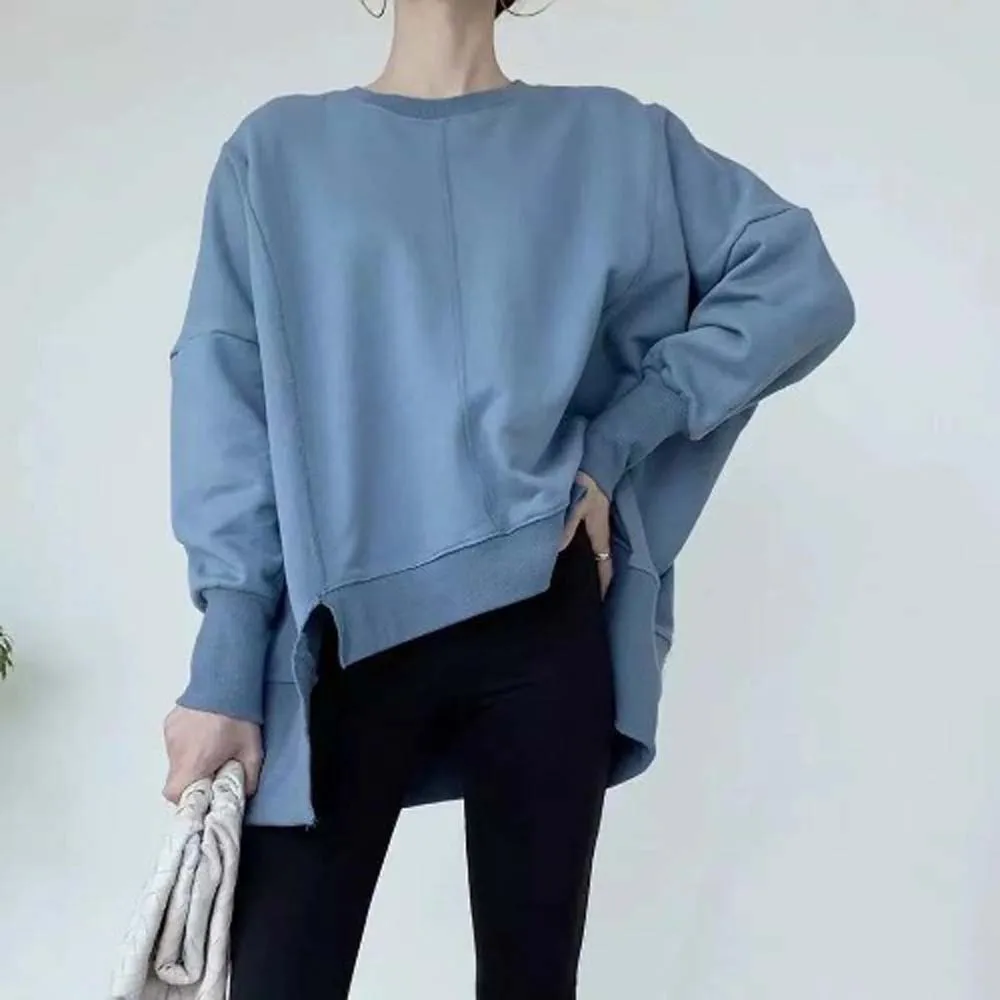 

Женская толстовка с капюшоном, Повседневный пуловер свободного покроя с длинным рукавом и круглым вырезом, средней длины, в стиле пэчворк, О...