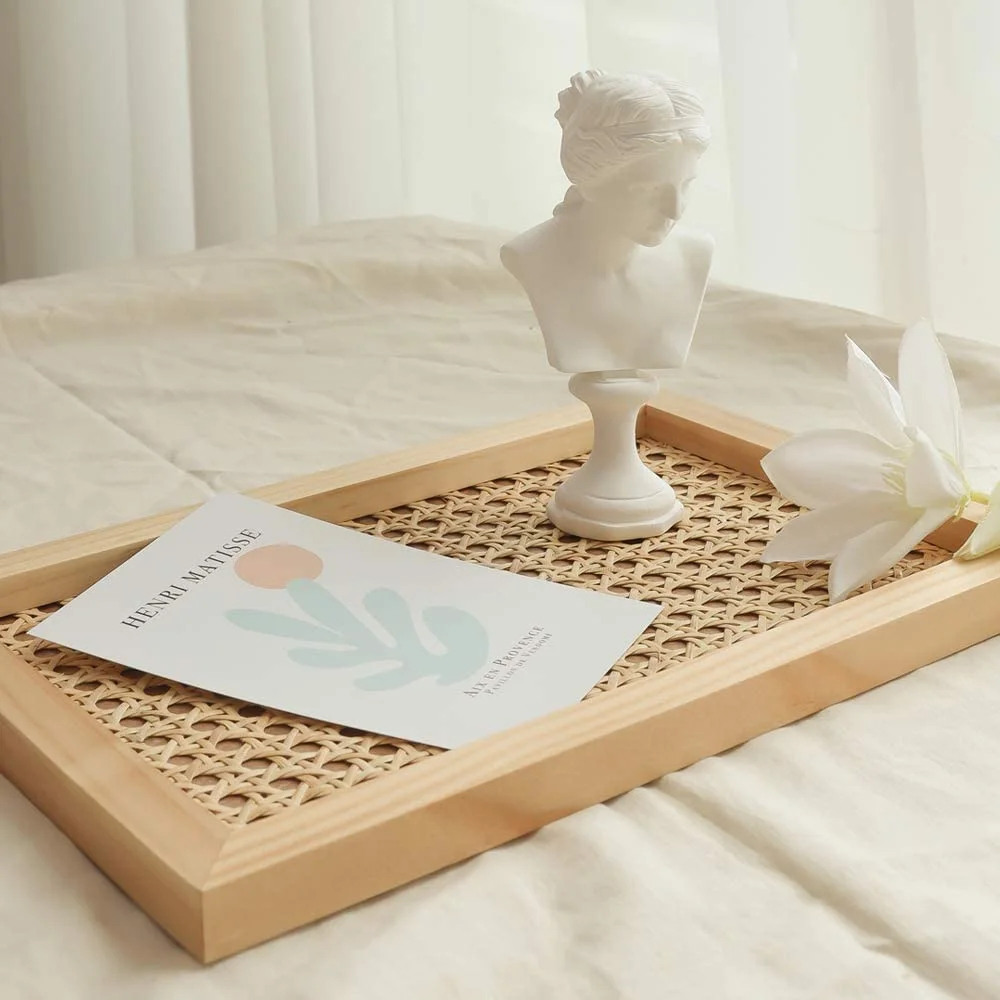 

Rectangle Premium Rattan Breakfast Tray hometray Serving Tray Handmade Rattan Food Coffee Tray Accessory Jewelry Decorate Tray