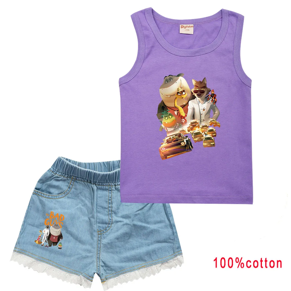 

2 шт./комплект, Детская Хлопковая футболка с круглым вырезом и джинсы с кружевом