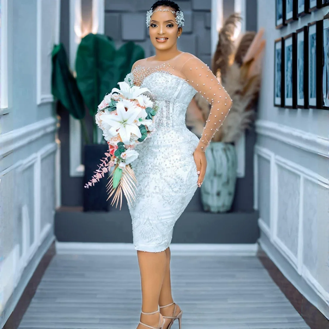 Русалка Aso Ebi, съемная юбка, свадебное платье, иллюзия, длинные рукава, аппликации, жемчуг, Нигерия, свадебные платья для девочек (art.: 3920c6804f444) - 3920c6804f444