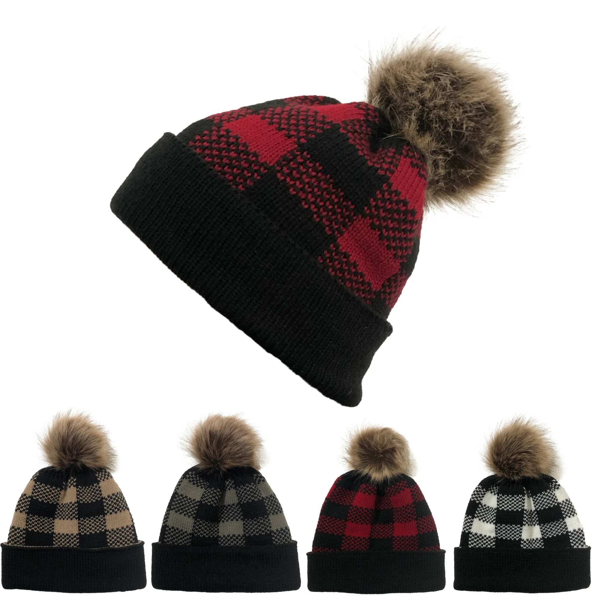 

New Woolen Cap Christmas Plaid Fur Ball Knitted Hat Warm Curling Sleeve Cap Winter Hats for Women Bonnets Wholesale