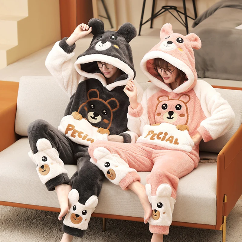 Anime Couple Pajamas Set Women Men Cartoon Bear Hoodies Korean Pyjamas Winter Thicken Warm Sleepwear Lovers Homewear