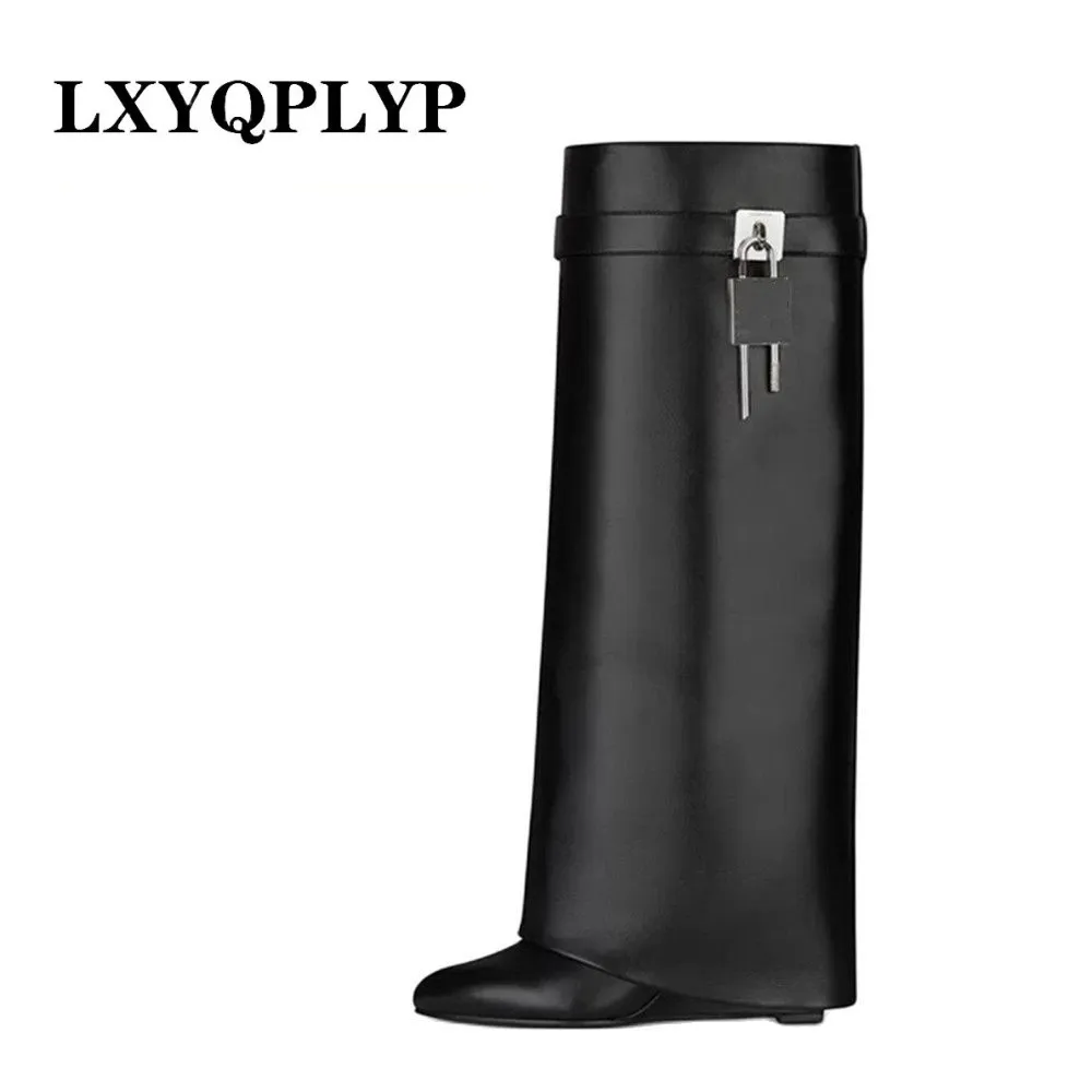 

Shark Lock Pants Boots Women's Wedge Boots Black Fold Knee High Heel Boots Padlock Women's Botas Mujer Oversize Shoes Women