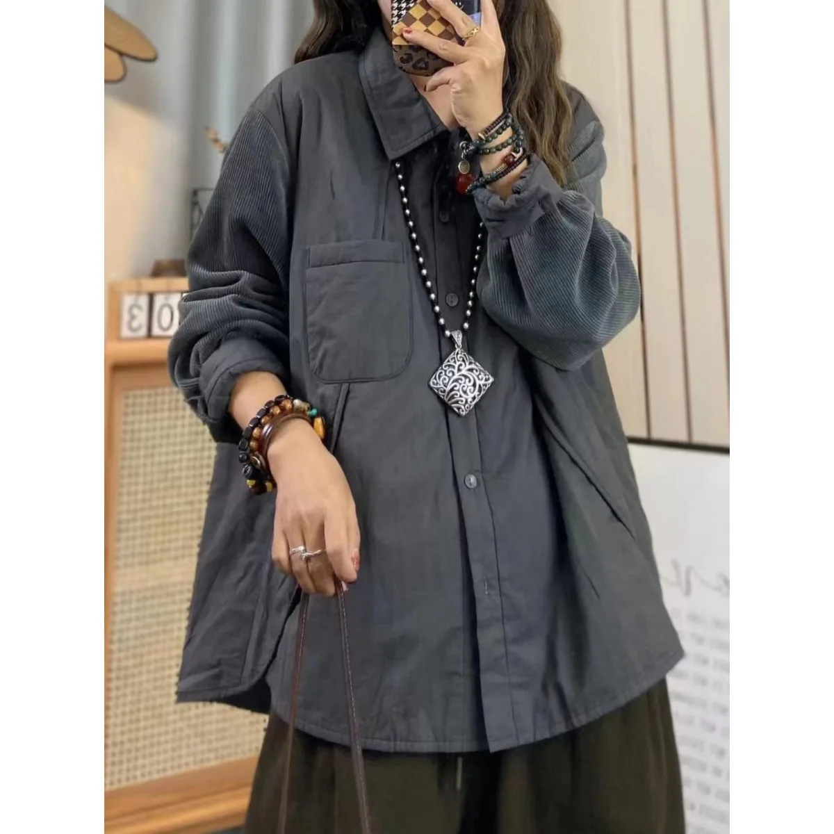 2024 Autumn and Winter Loose Plus size women clothing Slimming Chubby Girl Quilted Shirts Casual Retro Long sleeve Shirt Oute...