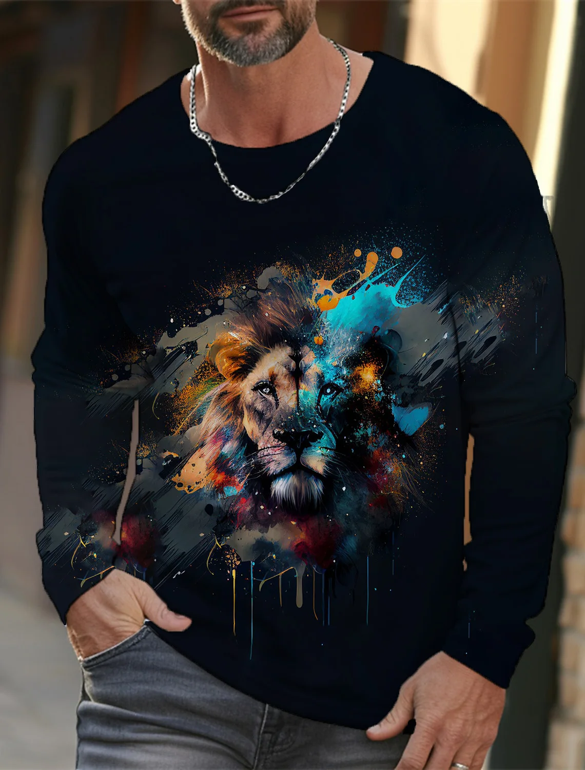

Футболка мужская с длинным рукавом, винтажная Повседневная модная спортивная одежда, одежда с 3D принтом в виде цветных львов и животных