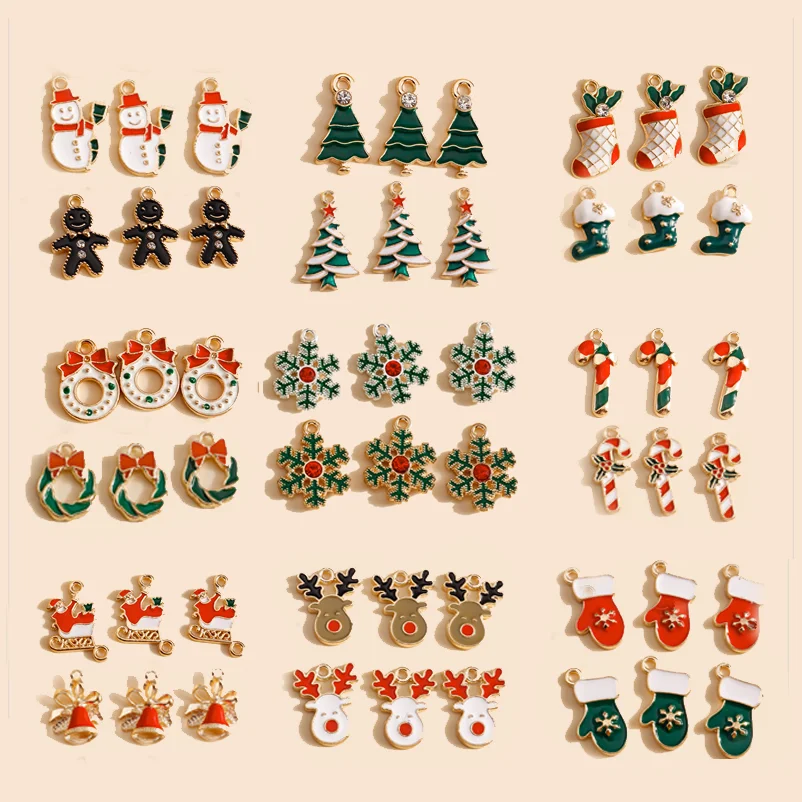 

10pcs Enamel Christmas Charms Gold Color Snowflake Tree Stocking Deer Charms for DIY Jewelry Making Earring Bracelet Xmas Charm