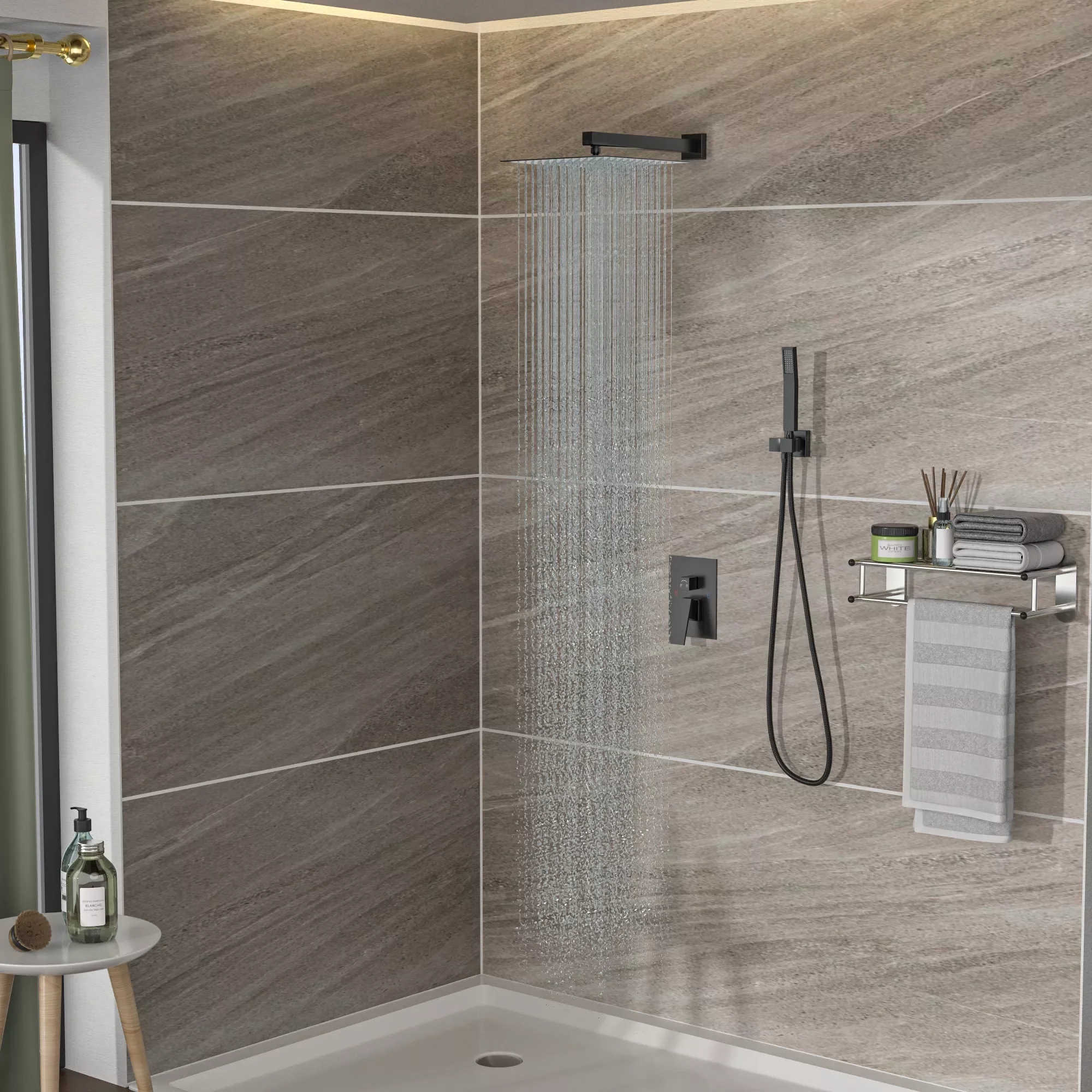 

Shower set - 10 inch square shower set, Dual Shower Heads, simple classic shape, Matte Blac