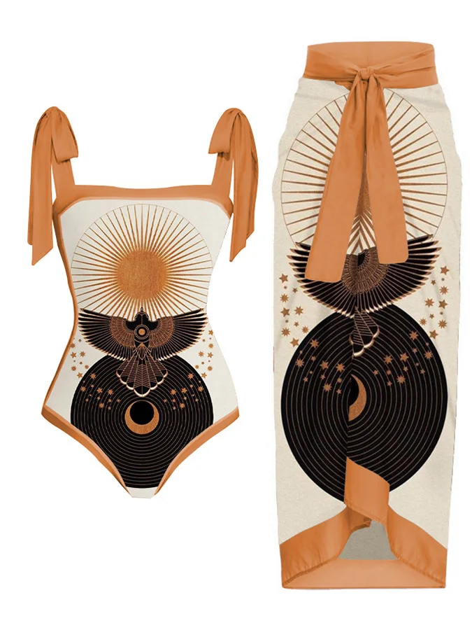 

Fashion Print One Piece Swimsuit with Bikini Skirt Women's Bodysuit Push Up Swimwear Summer Holiday Beach Bathing Suit Surf Wear