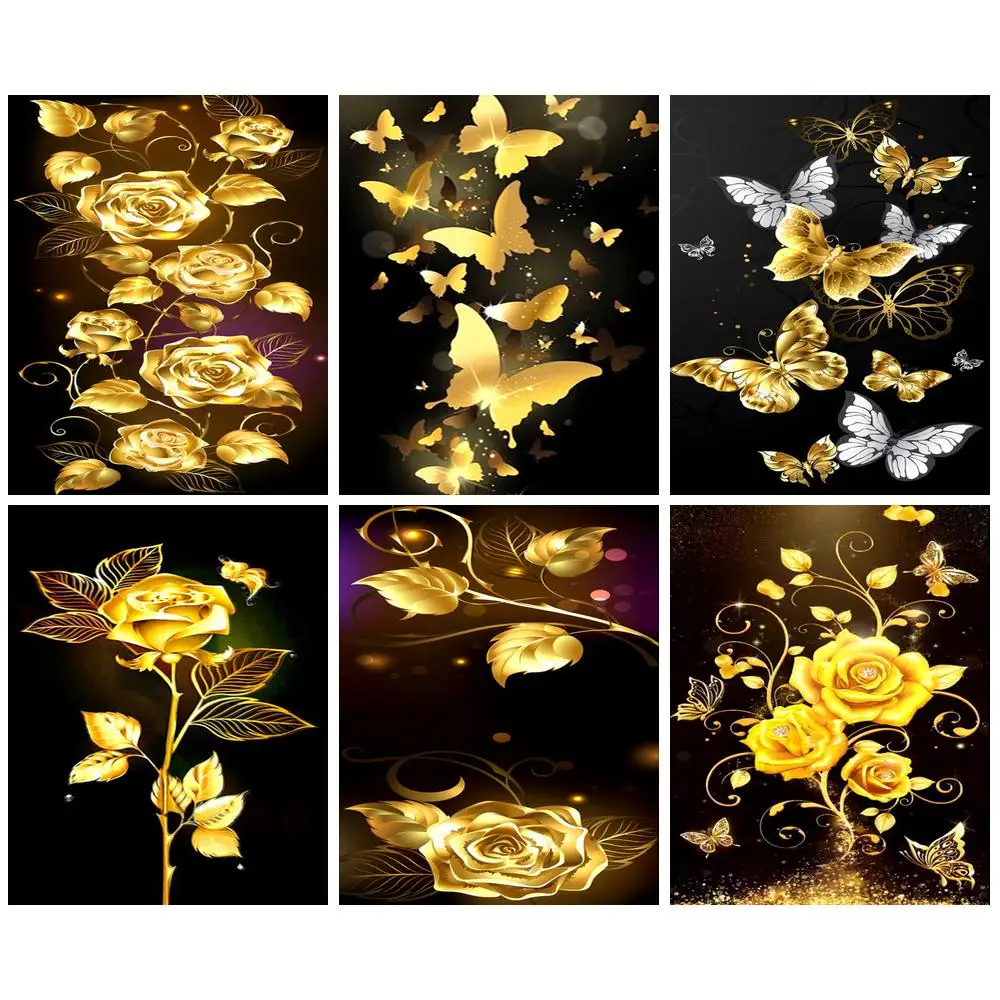 

Цифровая картина маслом «сделай сам», золотой цветок и бабочка, ручная роспись, искусство, стена для гостиной, домашний декор, украшение для детской комнаты, уникальный подарок