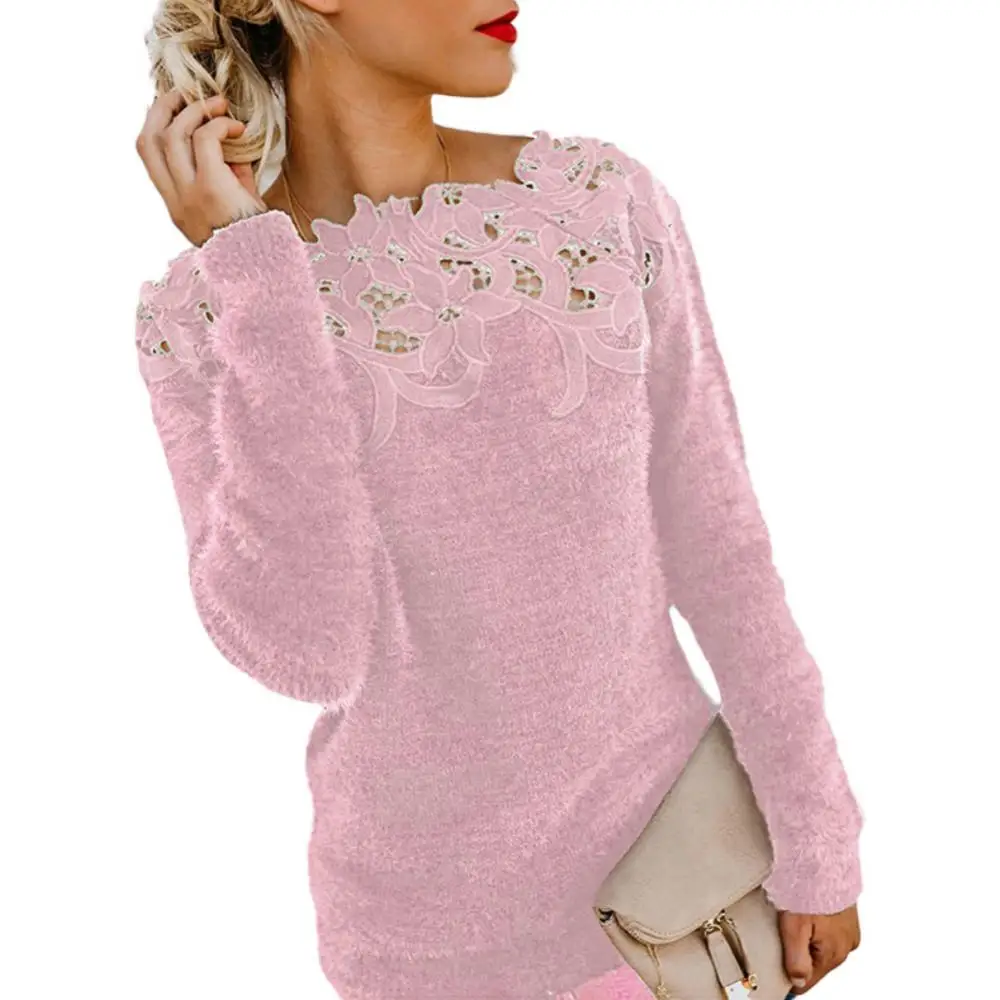 Женский свитер с цветочным кружевом однотонный размеры до XXXXXL | Женская одежда