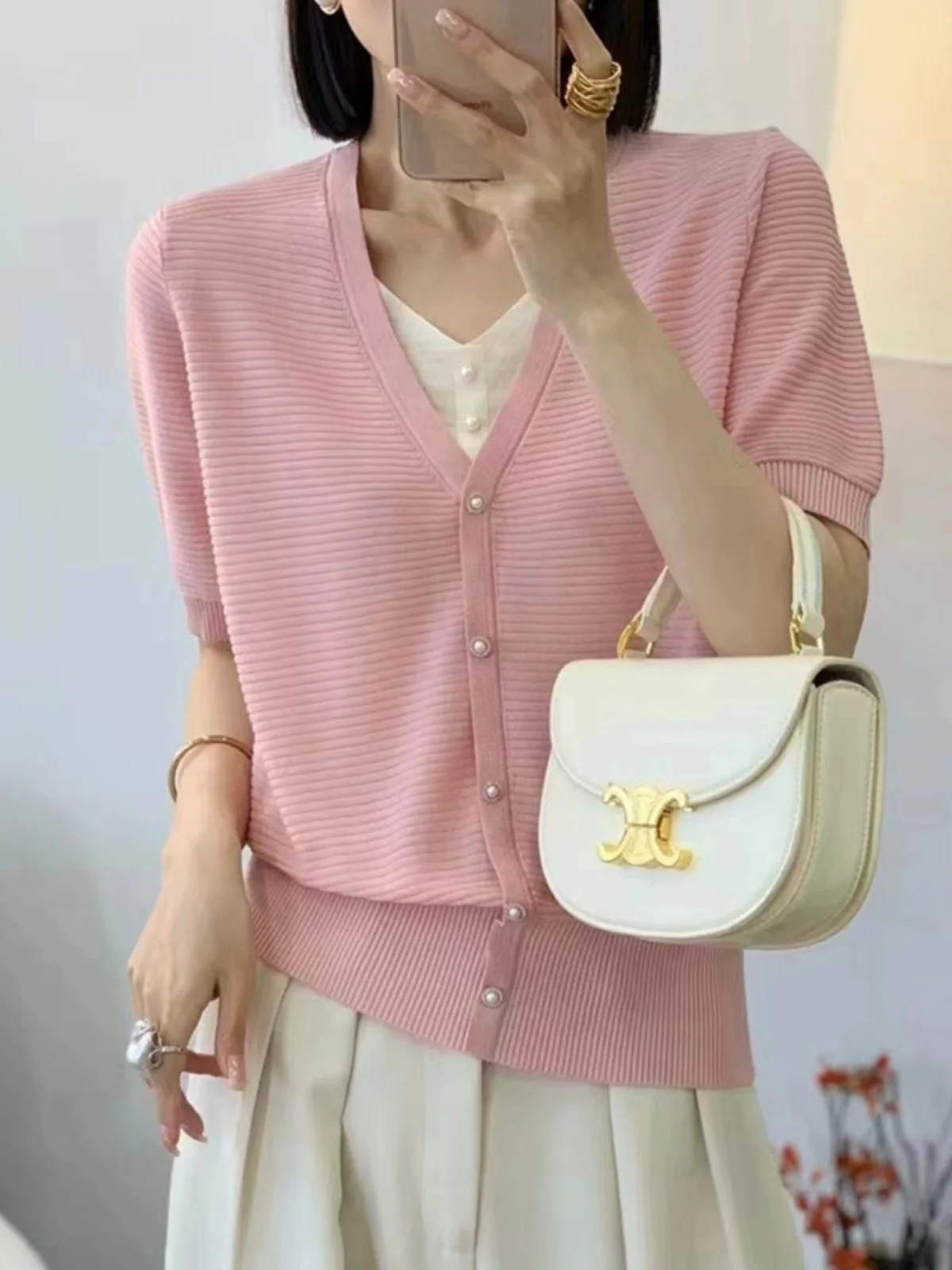 Летняя одежда имитация двух частей v-образный вырез трикотажная футболка из