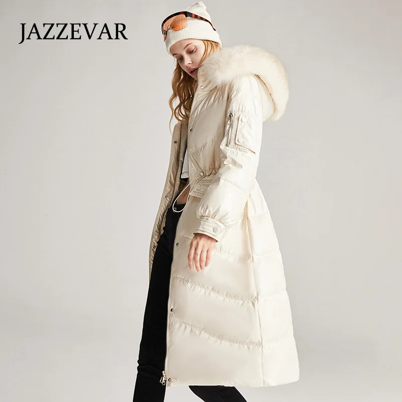 JAZZEVAR 2022 Winter New Thickened Down Jacket Women Everywhere Slim Temperament Women Pull Rope Fox Fur Collar Coat