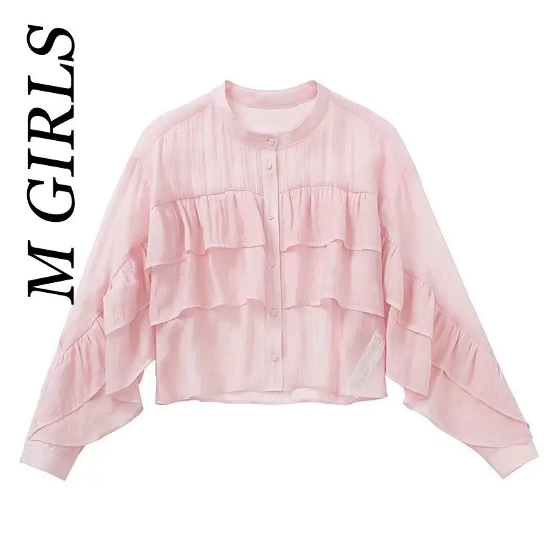 M GIRLS Women Fashion With Ruffles Loose Blouses Vintage Long Sleeve Button-up Female Shirts Blusas Chic Tops