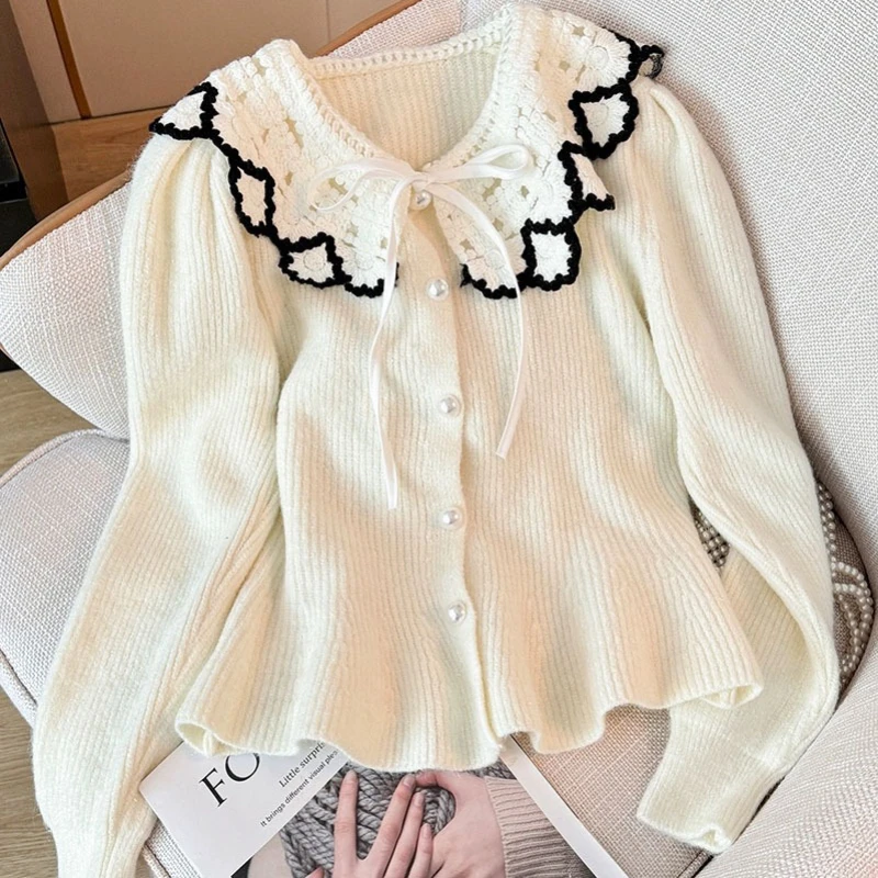 Женский однобортный Кардиган с воротником Питер Пэн винтажный трикотажный