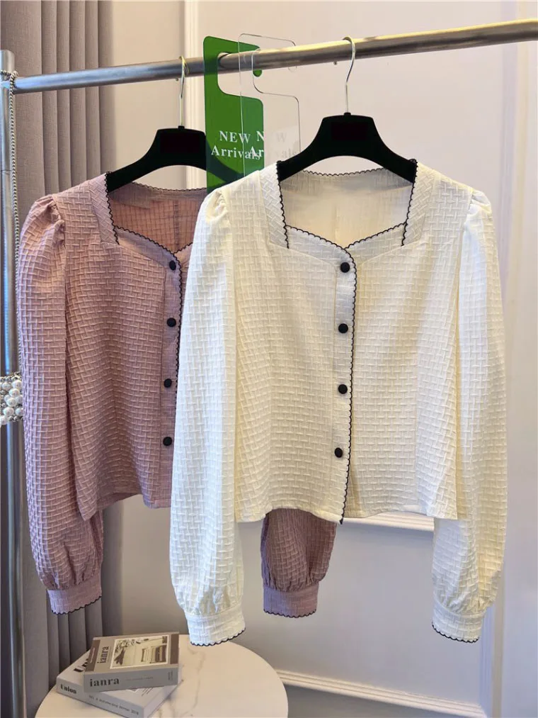 

Girl Aesthetic Vintage Long Sleeve Solid Color Square Collar With Short Buttons Women 2023 Summer Shirt Sweet Ladies Blouse