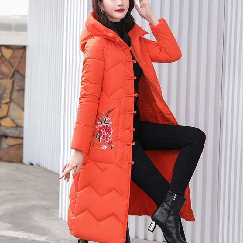 Fashion Ethnic Embroidered Down cotton Jacket Women Warm Loose Long Overcoat Windproof Hooded Parkas Thick Cotton Cheongsam Coat