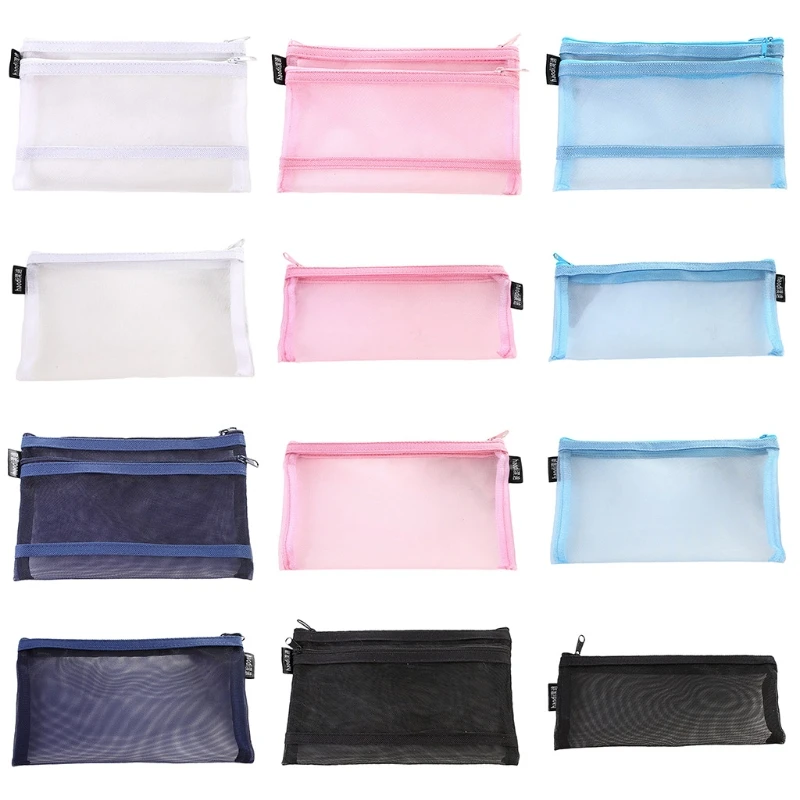 

Multi-purpose Stationery Bag Zippred Mesh Pencil Pouch Large Capacity Makeups Storage Pouch for Office Business Travel