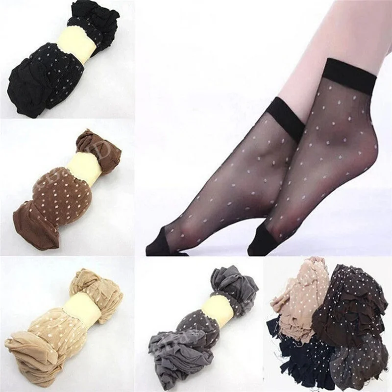 10 Pair/Lot Skin Color Dot Transparent Thin Women Crystal Silk Socks Nylon Fashion Ladies Summer Short Ankle Silk Socks