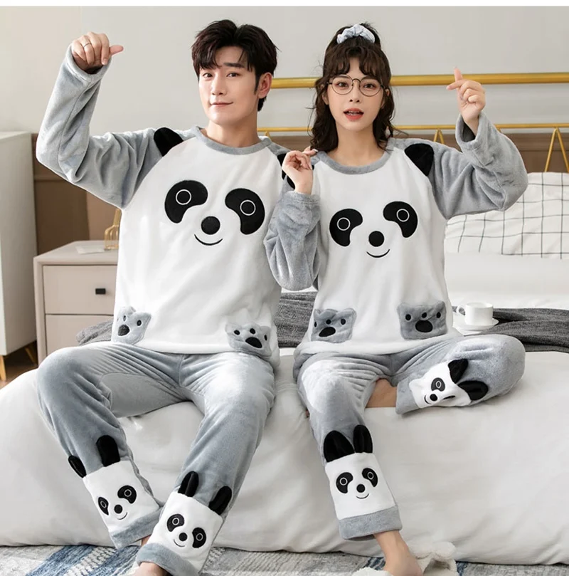 2022 Winter Long Sleeve Couple Thick Warm Flannel Pajama Sets for Men Cute Cartoon Sleepwear Pyjamas Women Homewear Home Clothes