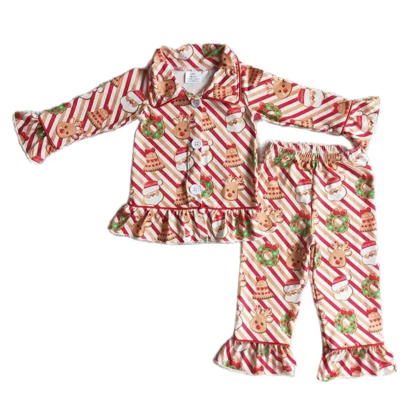 

6 A23-18 Girls Christmas Outfit Long Sleeve And Long Pants Santa Claus Print Pajamas