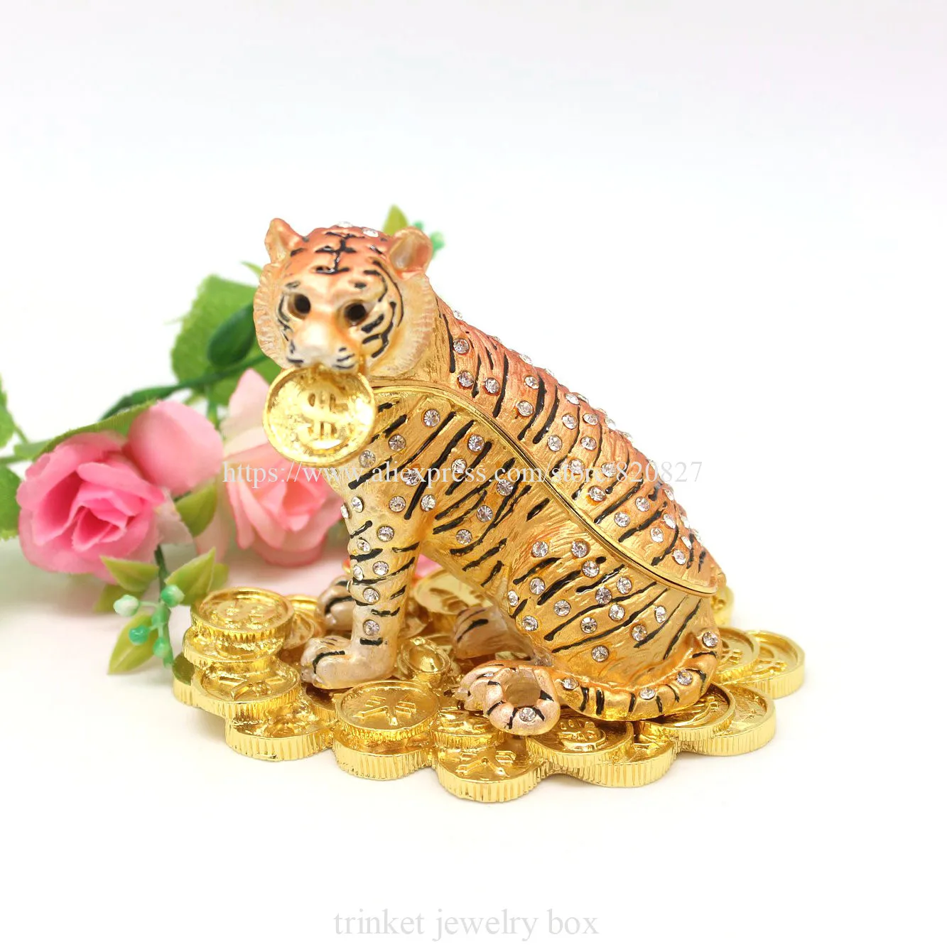 Enamel Jewelry Box Hinged Trinket Box Tiger Figurine Feng Shui Statue Animal Piggy Bank for Necklace Bracelet Ring Organizer Cas