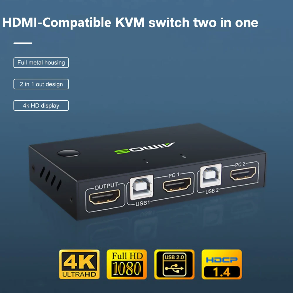 

4K USB HDMI-совместимая KVM-коммутационная коробка для 2 ПК с общим доступом клавиатуры мыши разъем принтера Paly видео дисплей USB переключатель спл...