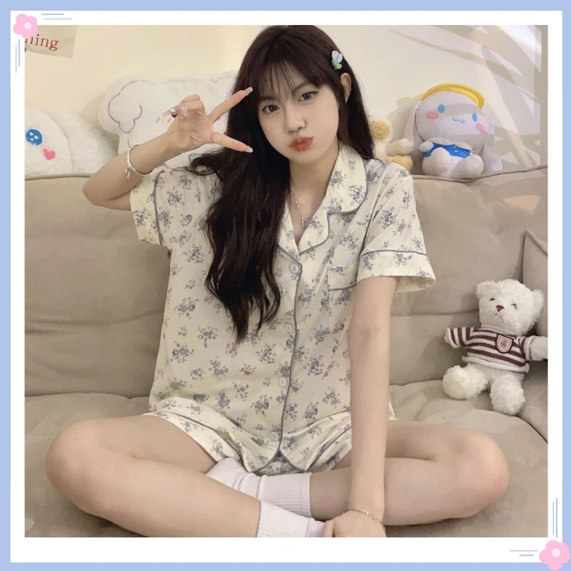 Pajamas for Women's Summer Cotton Short-sleeved Sleepwear Suit Thin Section Cool Feeling Elegant Fairy Style Lapel Loungewear