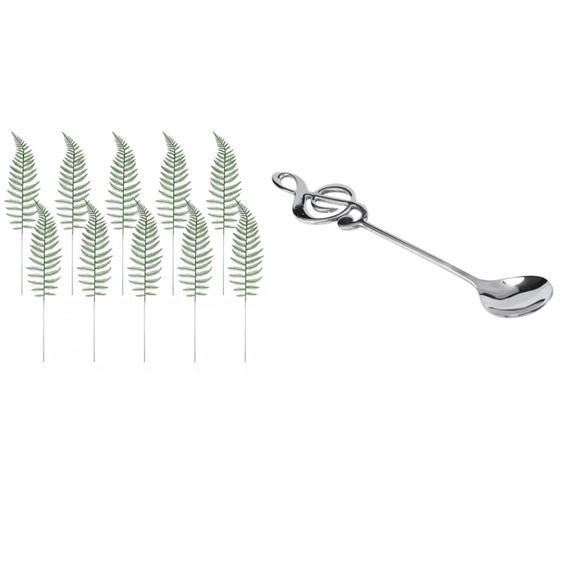 

10PCS Artificial Boston Fern Bush Faux Leaves Green Plants With 8Pcs Cute Music Theme Tea Stirring Spoon Coffee Spoon