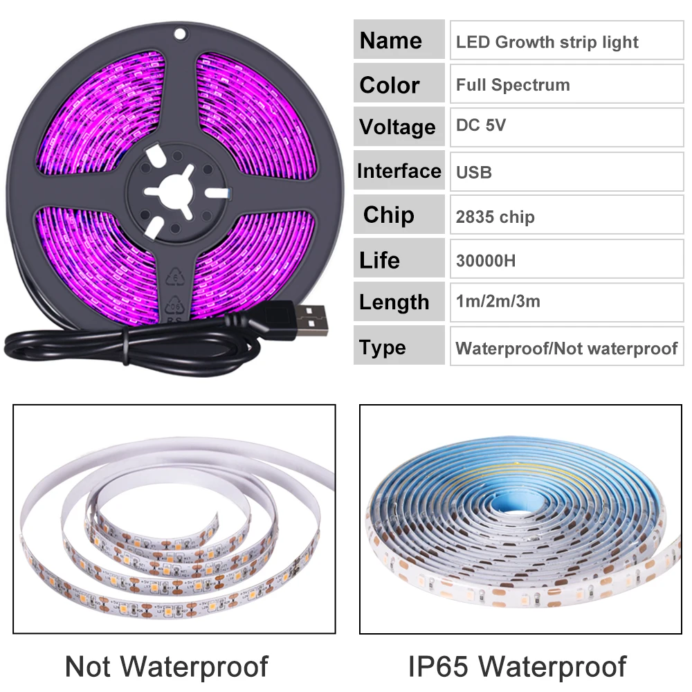 Светодиодная Водонепроницаемая фитолампа полного спектра USB светильник для