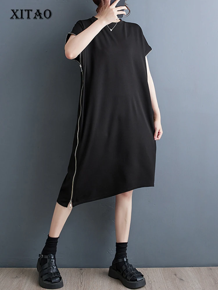 

XITAO асимметричное однотонное платье для женщин, Корея, лето 2023, Новое поступление, индивидуальное модное свободное платье с круглым вырезом и короткими рукавами DMJ2128
