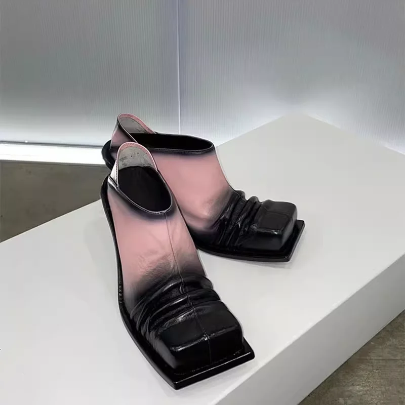 

Mule Shoes Female 2023 Summer New Square Head Retro Roman Style Collision Color Thick Bottom Increase High Heel Leather Shoes