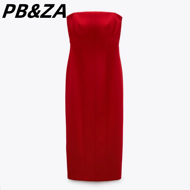 

PB&ZA 2023 New Women's Solid Color Straight Midi Off-shoulder Collar Slit Tube Top Dress 2654465 600