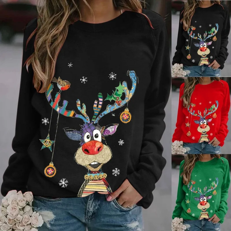 

Winter Christmas Women Sweater Elk Print Long Sleeve Sweatshirt O-Neck Cardigan Jumper Top Christmas Clothes Tarf Autumn Clothe