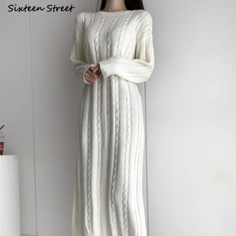 Фото Женское длинное трикотажное платье-свитер с круглым вырезом | Женская одежда