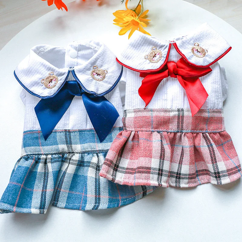 

Розово-Синие Клетчатые дизайнерские платья для собаки в студенческом стиле для весны и лета, милая Одежда для собак с бантом, декоративная ю...