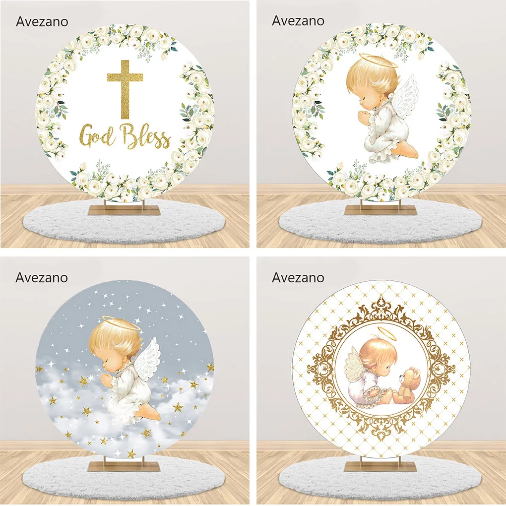 

Avezano Boy First Holy Communion Round Background Photography God Bless Baby Baptism Party Decor Backdrop Photo Studio Photocall