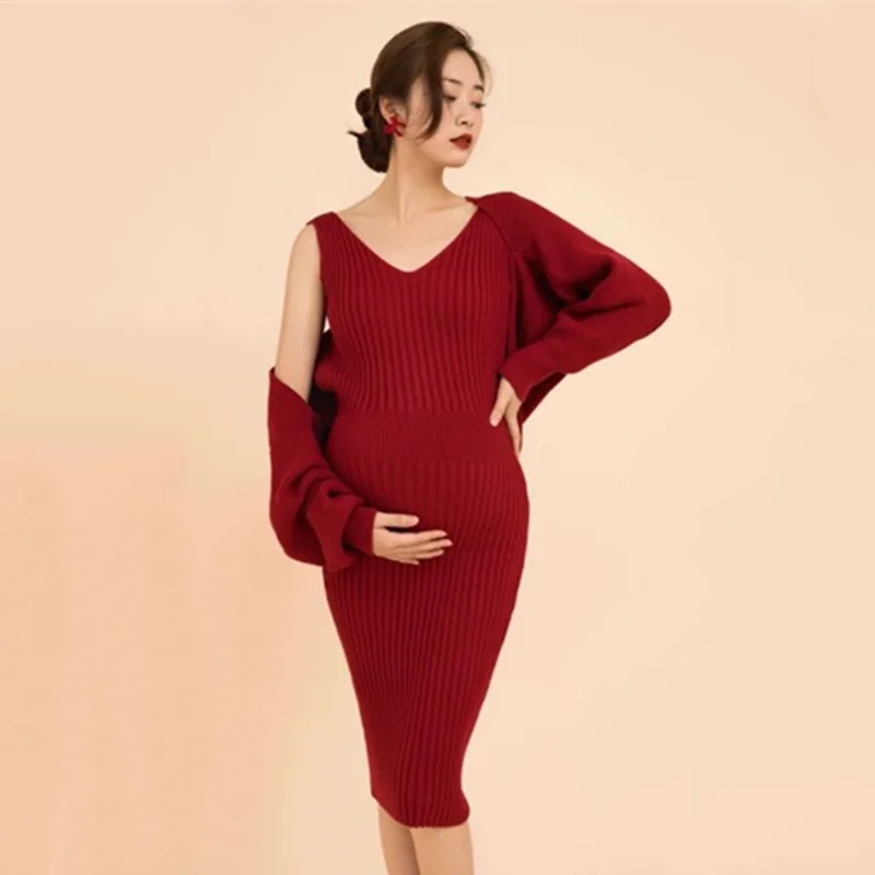 

Трикотажное платье для беременных комплект кардиганов с V-образным вырезом Красная Трикотажная Одежда для беременных женщин Послеродовая ...