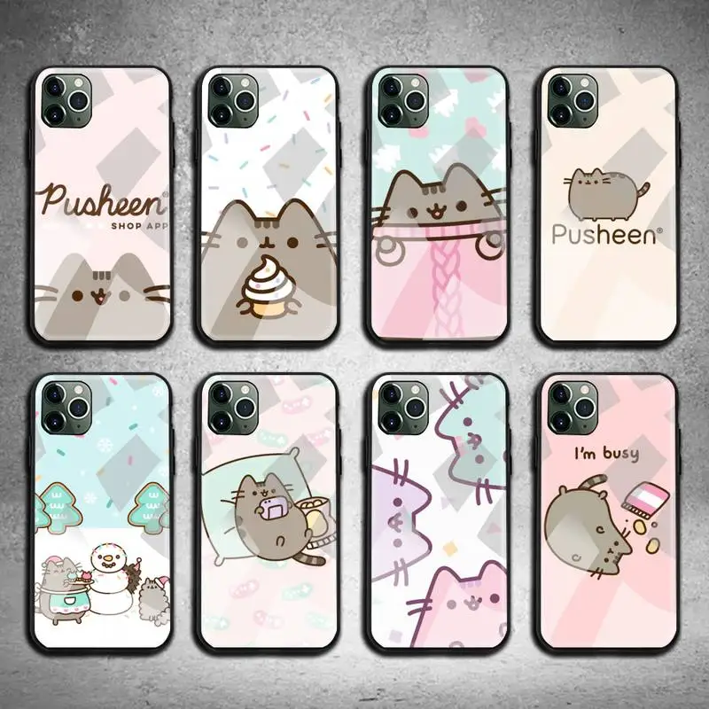

Cute Pusheen Cartoon Cat Phone Case Tempered Glass For iPhone 13 12 11 Pro Mini XR XS MAX 8 X 7 6S 6 Plus SE 2020 cover