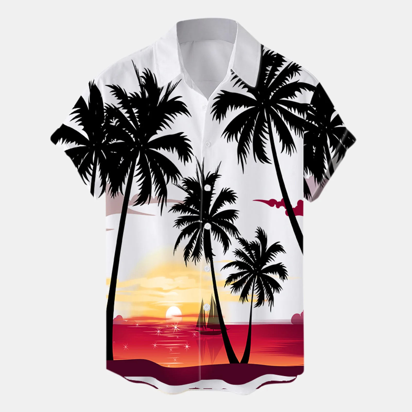 

Long Sleeve T Shirt for Men Male Summer Beach Tree Print Shirt Blouse Short Sleeve Turn Down Collar Shirt