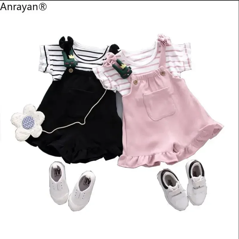 

Baby Girls Clothing Kids Striped T-shirt Cartoon Decoration Dresses Strap Shorts Sports Suit Newborn Outfit Infant Clothes Sets