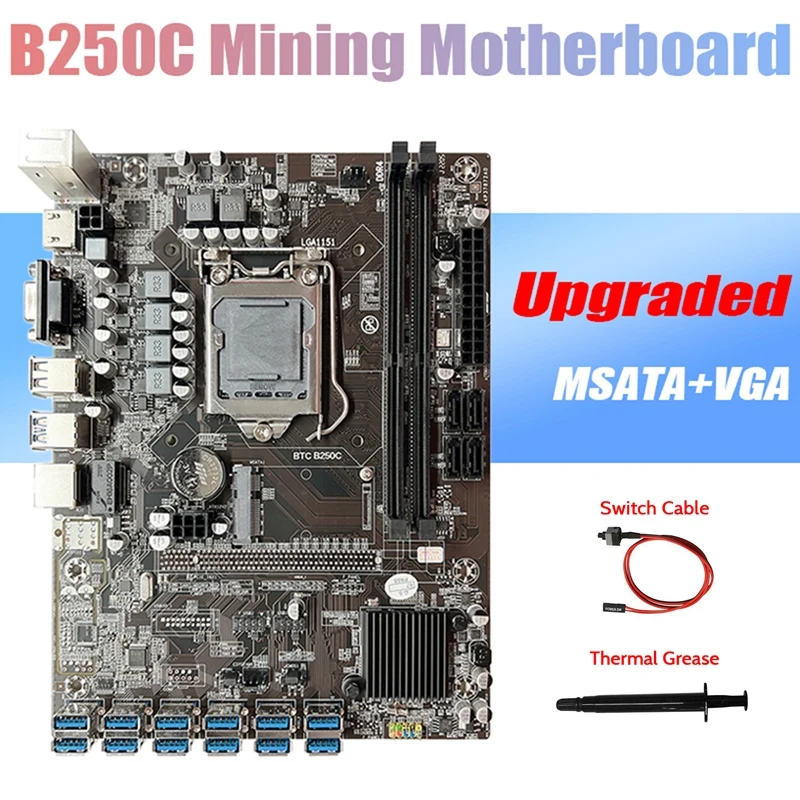 

HOT-B250C ETH Mining Motherboard+Switch Cable+Thermal Grease 12XPCIE to USB3.0 GPU Slot LGA1151 for ETH Miner Motherboard