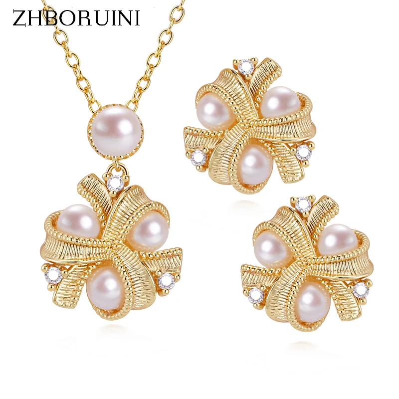 ZHBORUINI 14k Gold Plated Retro Palace Style Pearl Jewelry Sets Real Natural Freshwater Pearl Necklace Earrings For Women Gift