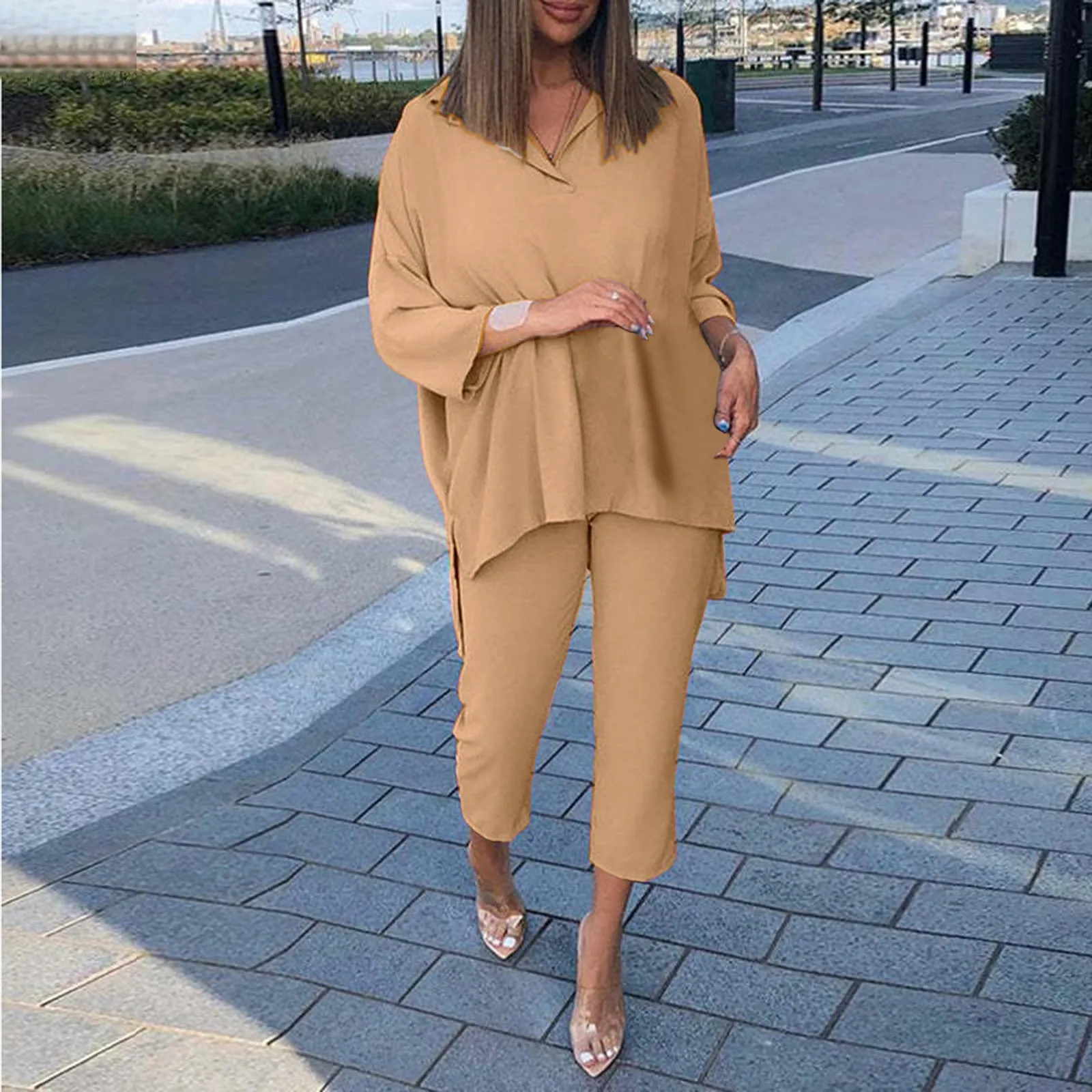 

Retro Suits Women's Casual Loose Comfortable V Neck Lapel Seven Sleeve Blouse Elastic Waist Nine Trouser Suit Streetwear 2023