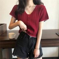 yasuk summer fashion woman solid casual t shirts cardigan pullover womens short sleeved slim loose tees top button simple