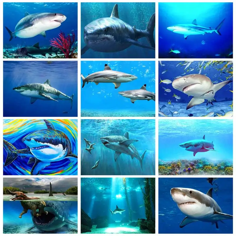

PhotoCustom Painting By Numbers Deep-Sea Shark With Frame Kits Picture By Numbers On Canvas Home Decor Unique Gift