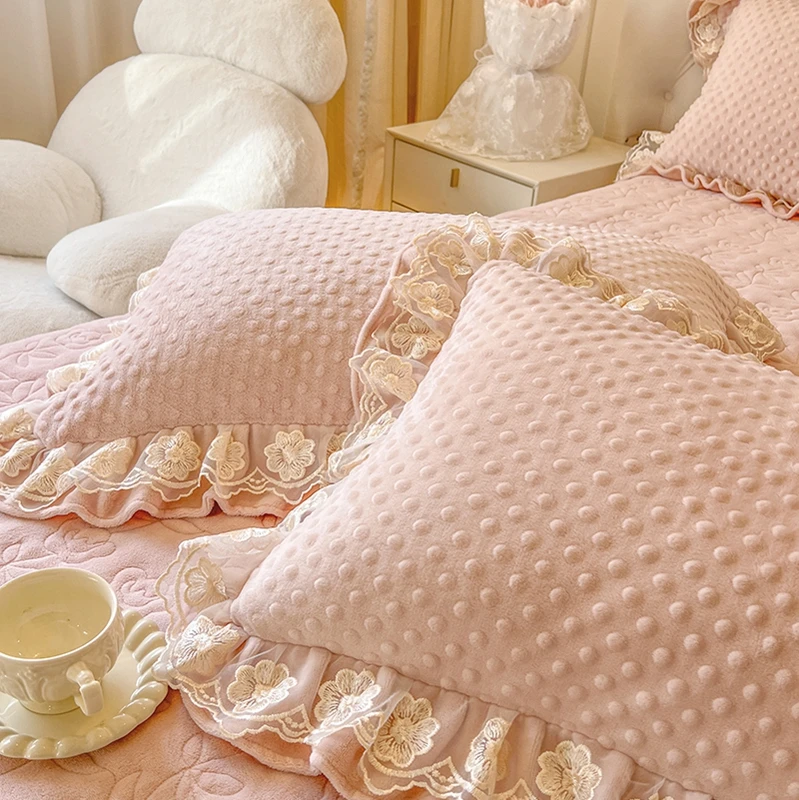 Роскошная розовая утолщенная бархатная юбка для кровати цветочное кружево