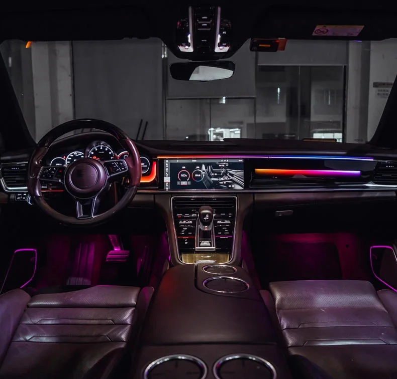 Фото Новая улучшенная динамическая подсветка NewSJC для Porsche Panamera 2017-2023 годов выпуска, 64-цветная светодиодная симфоническая подсветка салона, аксессуары для отделки интерьера №3