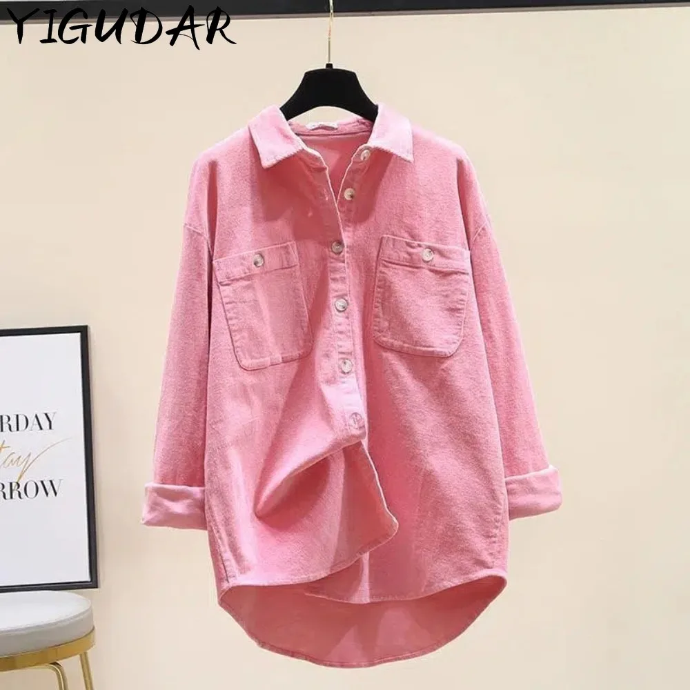 

Women Denim Shirts & blouse Cotton Tops 2023 Autumn Casual Thick Pockets Single Breasted Button Up Lapel Long Sleeve Blue Shirt